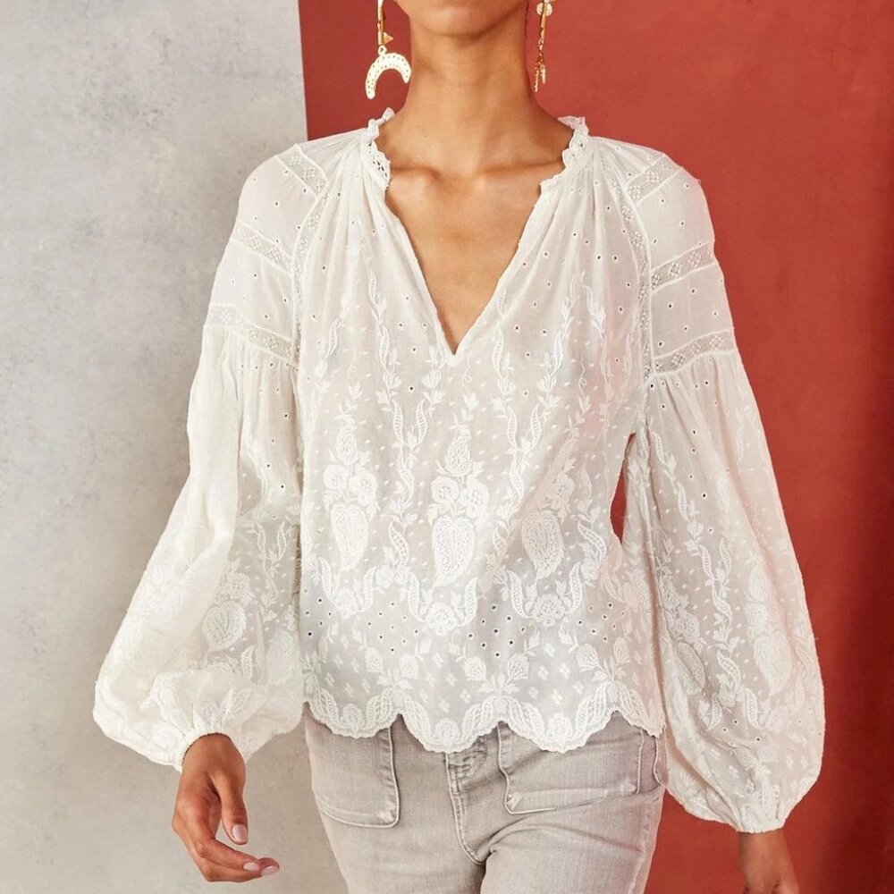 Ulla Johnson Harper Eyelet Blouse in White / Ivory Cotton